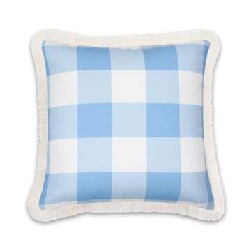 Hofdeco Premium Coastal Patio Indoor Outdoor Throw Pillow Cover Only, 20"x20" Water Repellent for Backyard, Couch, Baby Blue Plaid with Fringe