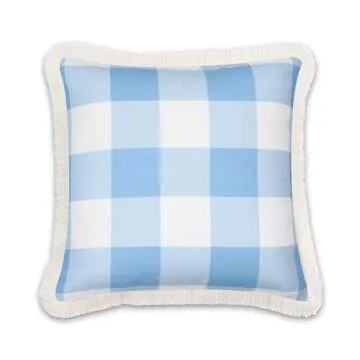 Hofdeco Premium Coastal Patio Indoor Outdoor Throw Pillow Cover Only, 20"x20" Water Repellent for Backyard, Couch, Baby Blue Plaid with Fringe
