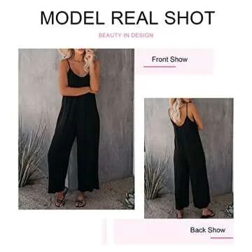 Dokotoo Women's Loose Plus Size Black Jumpsuits for Women Adjustable Spaghetti Strap Stretchy Wide Leg Solid One Piece Sleeveless Long Pant Romper Jumpsuit with Pockets X-Large