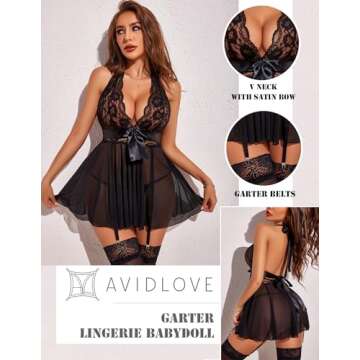 Avidlove Lingerie for Women Lace Babydoll Dress Backless Halter Chemise Sleepwear Black L