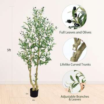 HZXGCP Faux Olive Tree 5 feet, Artificial Trees for Home Decor Indoor with Adjustable Branches and L...