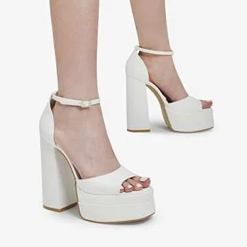 DREAM PAIRS White High Heels Chunky Block Platform Heels for Women Ankle Strap Sexy Open Square Toe Heels Dressy Pumps Sandals SDHS2324W Size 8.5