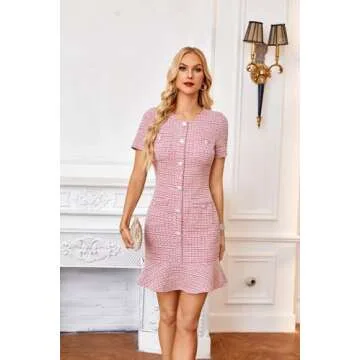 GRACE KARIN Tweed Dresses for Women 2024 Formal Short Sleeve Mini Dress Button Elegant Party Dress with Pocket Rose Red 12