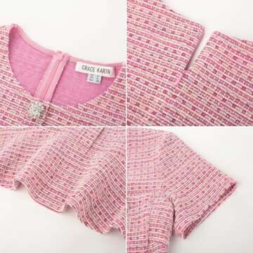 GRACE KARIN Tweed Dresses for Women 2024 Formal Short Sleeve Mini Dress Button Elegant Party Dress with Pocket Rose Red 12