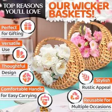 Small Flower Girl Basket Set of 2 - Small Wicker Basket with Handle & Waterproof Lining (6.3" х 5.12" х 3.75 ") for Wedding Flowers, Sweets, Easter Gifts - Compact, Lightweight & Multifunctional