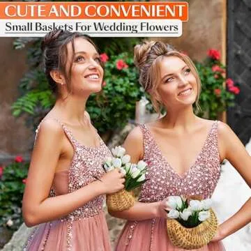 Small Flower Girl Basket Set of 2 - Small Wicker Basket with Handle & Waterproof Lining (6.3" х 5.12" х 3.75 ") for Wedding Flowers, Sweets, Easter Gifts - Compact, Lightweight & Multifunctional