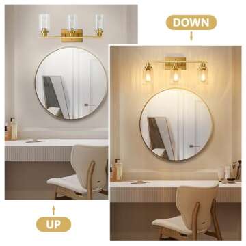 Jonsi Gold Bathroom Light Fixtures, 3 Light Brushed Gold Bathroom Vanity Lights with Fluted Glass Sh...