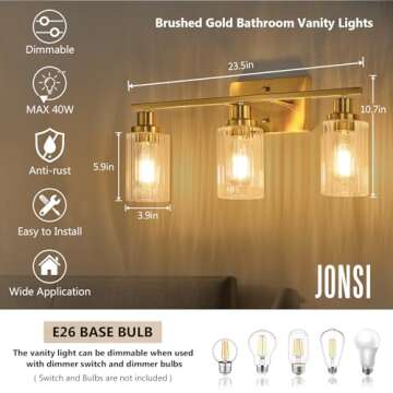 Jonsi Gold Bathroom Light Fixtures, 3 Light Brushed Gold Bathroom Vanity Lights with Fluted Glass Shade, Modern Gold Bathroom Lights Over Mirror, Vanity Lighting Fixtures, X003W-3AGB