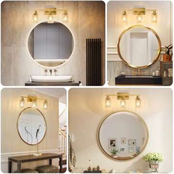 Jonsi Gold Bathroom Light Fixtures, 3 Light Brushed Gold Bathroom Vanity Lights with Fluted Glass Shade, Modern Gold Bathroom Lights Over Mirror, Vanity Lighting Fixtures, X003W-3AGB