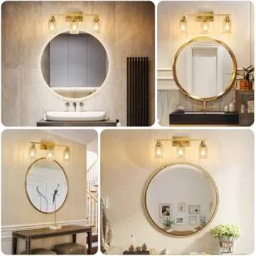 Jonsi Gold Bathroom Light Fixtures, 3 Light Brushed Gold Bathroom Vanity Lights with Fluted Glass Shade, Modern Gold Bathroom Lights Over Mirror, Vanity Lighting Fixtures, X003W-3AGB