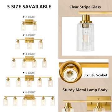 Jonsi Gold Bathroom Light Fixtures, 3 Light Brushed Gold Bathroom Vanity Lights with Fluted Glass Shade, Modern Gold Bathroom Lights Over Mirror, Vanity Lighting Fixtures, X003W-3AGB