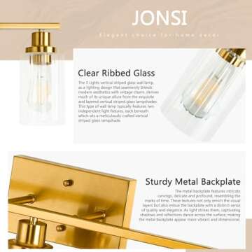 Jonsi Gold Bathroom Light Fixtures, 3 Light Brushed Gold Bathroom Vanity Lights with Fluted Glass Shade, Modern Gold Bathroom Lights Over Mirror, Vanity Lighting Fixtures, X003W-3AGB