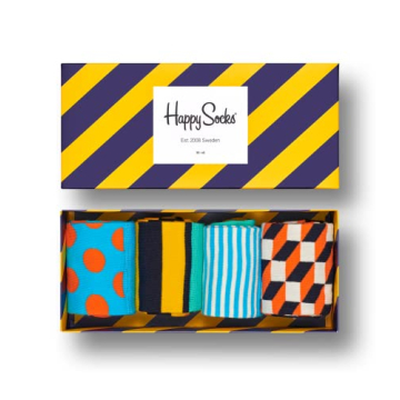 Happy Socks Exclusive Stripes Crew Socks - Orange, Blue and Yellow - 4-Pack Gift Box