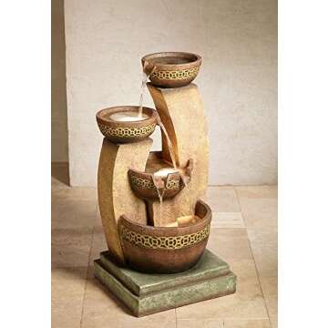 Four Bowl Modern Rustic Outdoor Cascading Floor Water Fountain with LED Light Faux Stone 41" for Yar...