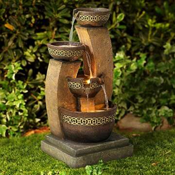 Four Bowl Modern Rustic Outdoor Cascading Floor Water Fountain with LED Light Faux Stone 41" for Yard Garden Patio Backyard Deck Home Lawn Porch House Exterior Balcony - John Timberland