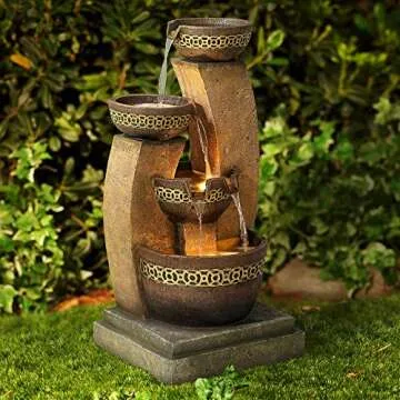 Four Bowl Modern Rustic Outdoor Cascading Floor Water Fountain with LED Light Faux Stone 41" for Yard Garden Patio Backyard Deck Home Lawn Porch House Exterior Balcony - John Timberland