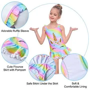 MHJY Girls One Piece Swimsuits Swimwear Unicorn Bathing Suit Ruffle Beachwear with Pompoms,5-6 Years,Rainbow Unicorn