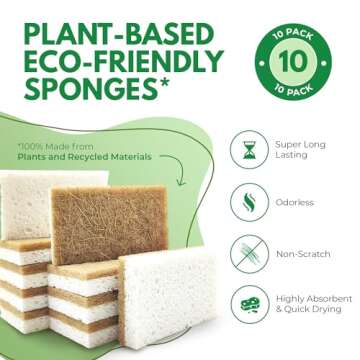 10 Pack Biodegradable Natural Kitchen Sponge - Compostable Cellulose and Coconut Walnut Scrubber Sponge - Eco Friendly Sponges for Dishes