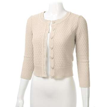 Women's Button Down 3/4 Sleeve Crew Neck Cotton Knit Cropped Cardigan Sweater Oatmeal 3X