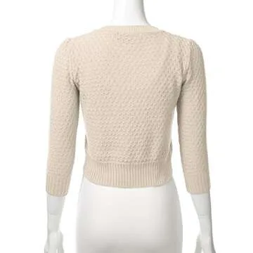 Women's Button Down 3/4 Sleeve Crew Neck Cotton Knit Cropped Cardigan Sweater Oatmeal 3X