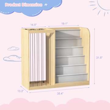 HedoAjim Natural Wood Kids Bookshelf & Stuffed Animal Net Holder Plush Toy Storage Organizer Child B...
