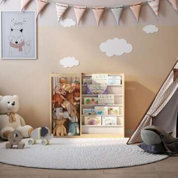 HedoAjim Natural Wood Kids Bookshelf & Stuffed Animal Net Holder Plush Toy Storage Organizer Child Bookcase Toddler Baby Sling Book Rack for Playroom Bedroom Nursery Infant Boys Girls Preschool