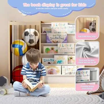 HedoAjim Natural Wood Kids Bookshelf & Stuffed Animal Net Holder Plush Toy Storage Organizer Child Bookcase Toddler Baby Sling Book Rack for Playroom Bedroom Nursery Infant Boys Girls Preschool
