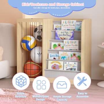 HedoAjim Natural Wood Kids Bookshelf & Stuffed Animal Net Holder Plush Toy Storage Organizer Child Bookcase Toddler Baby Sling Book Rack for Playroom Bedroom Nursery Infant Boys Girls Preschool