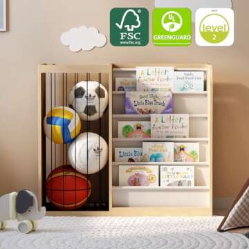 HedoAjim Natural Wood Kids Bookshelf & Stuffed Animal Net Holder Plush Toy Storage Organizer Child Bookcase Toddler Baby Sling Book Rack for Playroom Bedroom Nursery Infant Boys Girls Preschool