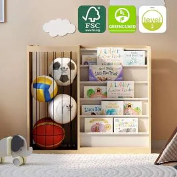 HedoAjim Natural Wood Kids Bookshelf & Stuffed Animal Net Holder Plush Toy Storage Organizer Child Bookcase Toddler Baby Sling Book Rack for Playroom Bedroom Nursery Infant Boys Girls Preschool