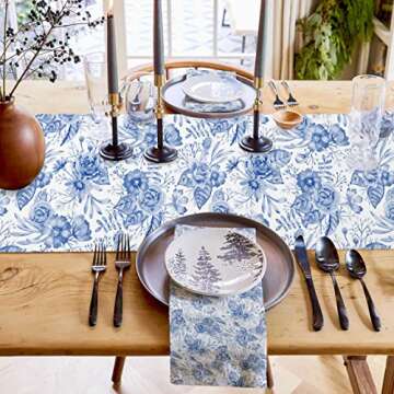 Blue Floral Table Runner Floral Blue and White Porcelain Table Runners Cotten Linen Dresser Scarves ...