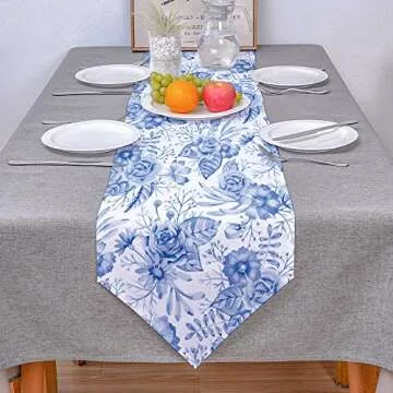 Blue Floral Table Runner Floral Blue and White Porcelain Table Runners Cotten Linen Dresser Scarves Elegant Flower Decorative Runners for Holiday Gatherings,Dinner,Outdoor Indoor Parties 13x90 inch