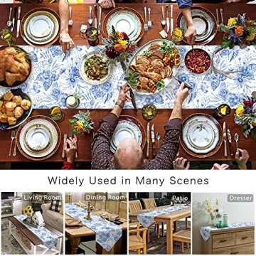 Blue Floral Table Runner Floral Blue and White Porcelain Table Runners Cotten Linen Dresser Scarves Elegant Flower Decorative Runners for Holiday Gatherings,Dinner,Outdoor Indoor Parties 13x90 inch