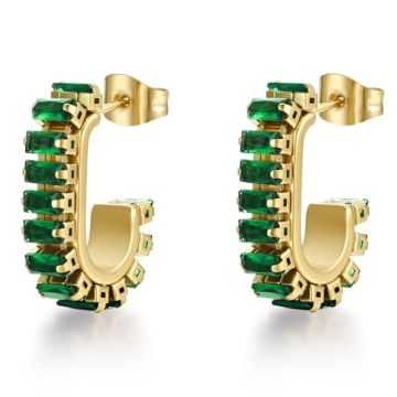 FRUMOS Green Crystal Huggie Gold Hoop Earrings for Women