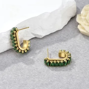 FRUMOS Green Crystal Huggie Gold Hoop Earrings for Women