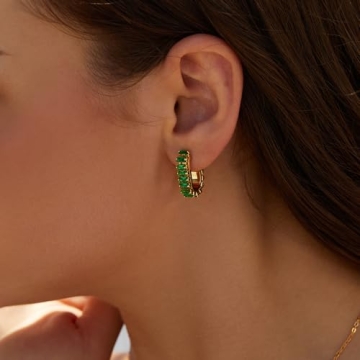 FRUMOS Green Crystal Huggie Gold Hoop Earrings for Women