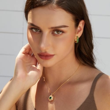 FRUMOS Green Crystal Huggie Gold Hoop Earrings for Women