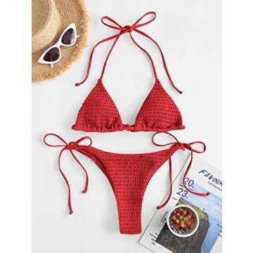 ZAFUL Womens Smocked Triangle Bikini Sets Cheeky Thong Bathing Suit Halter String Swimsuits