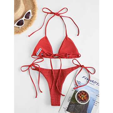 ZAFUL Womens Smocked Triangle Bikini Sets Cheeky Thong Bathing Suit Halter String Swimsuits