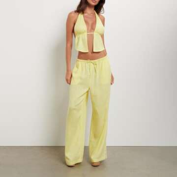 Women Sexy 2 Piece Outfits Tie Up Halter Neck Backless Tank Top and Wide Leg Drawstring Pants Set Clubwear (Yellow, S)