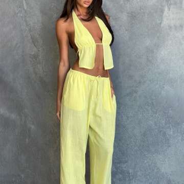 Women Sexy 2 Piece Outfits Tie Up Halter Neck Backless Tank Top and Wide Leg Drawstring Pants Set Clubwear (Yellow, S)