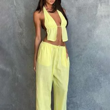Women Sexy 2 Piece Outfits Tie Up Halter Neck Backless Tank Top and Wide Leg Drawstring Pants Set Clubwear (Yellow, S)