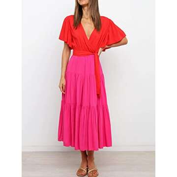 R.Vivimos Summer Dress for Women Cotton Ruffle Short Sleeves V Neck Casual Flowy Midi Dress with Bel...