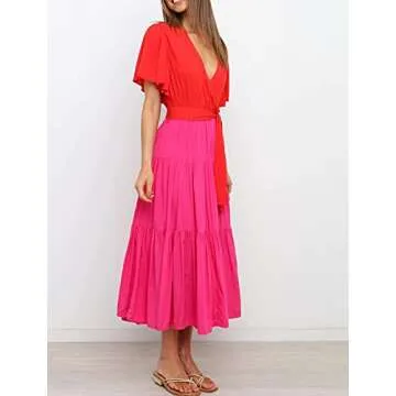 R.Vivimos Summer Dress for Women Cotton Ruffle Short Sleeves V Neck Casual Flowy Midi Dress with Belt (Medium, RedHotPink-Shortsleeve)