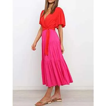 R.Vivimos Summer Dress for Women Cotton Ruffle Short Sleeves V Neck Casual Flowy Midi Dress with Belt (Medium, RedHotPink-Shortsleeve)