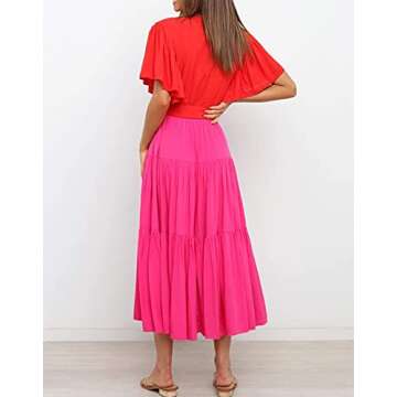 R.Vivimos Summer Dress for Women Cotton Ruffle Short Sleeves V Neck Casual Flowy Midi Dress with Belt (Medium, RedHotPink-Shortsleeve)