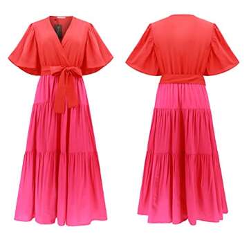 R.Vivimos Summer Dress for Women Cotton Ruffle Short Sleeves V Neck Casual Flowy Midi Dress with Belt (Medium, RedHotPink-Shortsleeve)