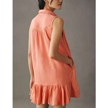 morhuduck Women's Summer Shirt Dress Causal Sleeveless Button Up Dress Ruffle Hem Dress with Pockets,Pink XS