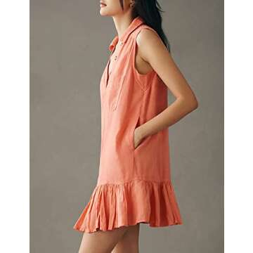 morhuduck Women's Summer Shirt Dress Causal Sleeveless Button Up Dress Ruffle Hem Dress with Pockets,Pink XS