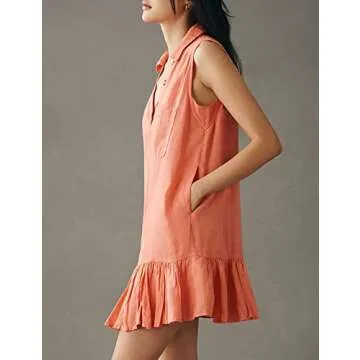 morhuduck Women's Summer Shirt Dress Causal Sleeveless Button Up Dress Ruffle Hem Dress with Pockets,Pink XS